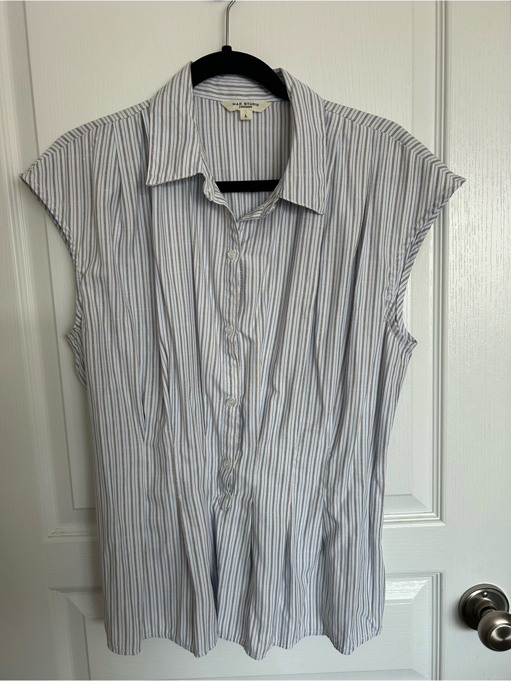Max Studio Light Blue and White Striped Cap-Sleeve Button Front Shirt